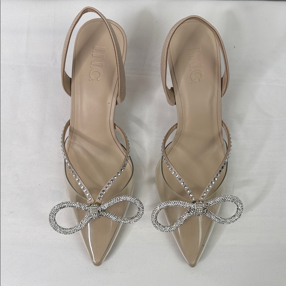 INC International Concepts Nude Pointed Toe Slingback Heels with Crystal Bow